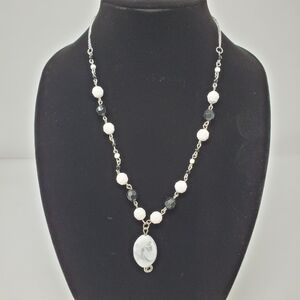 Handmade Black and White Marbled Bead Necklace
